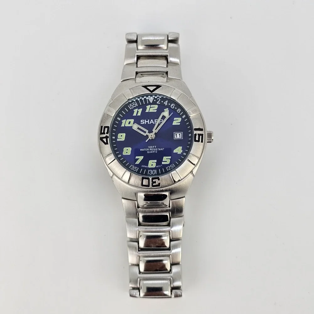 Sharp Analog Men's Watch 40MM Blue Dial Date Gray Bracelet Band 7.5